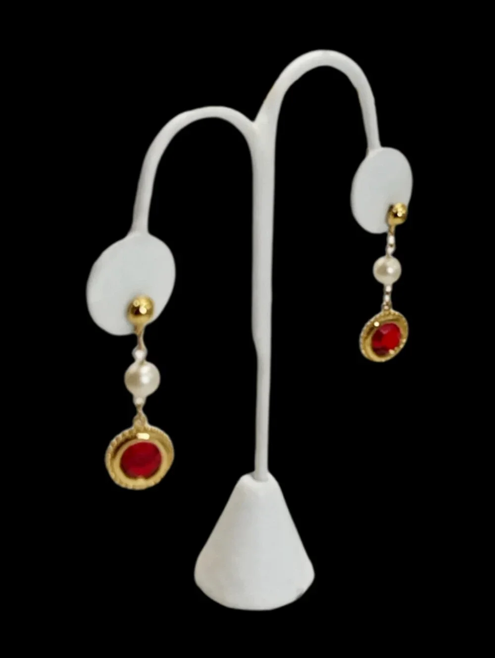 Deep Red Crystal & Faux Pearl Gold Tone Dangle Earrings 1.6